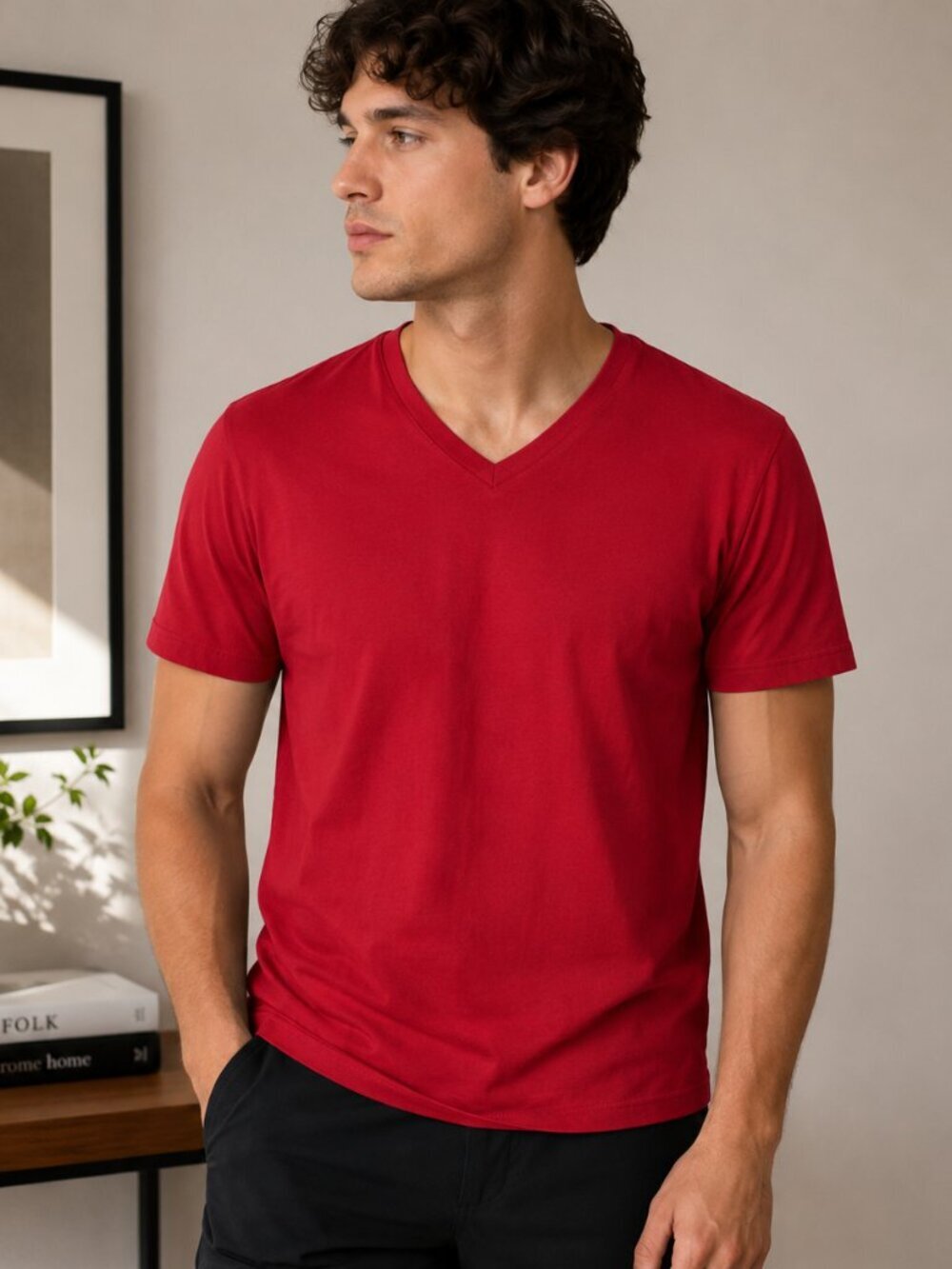 Goodfellow & Co Red Velvet V-Neck Tee Shirt Size Medium NWT